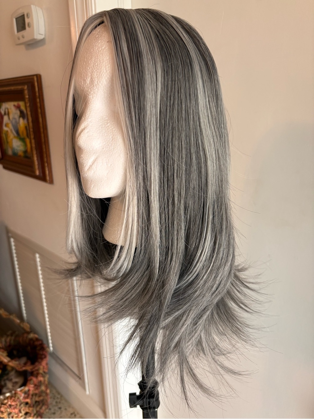 Silver Grey With White Highlights Long Straight Wig!